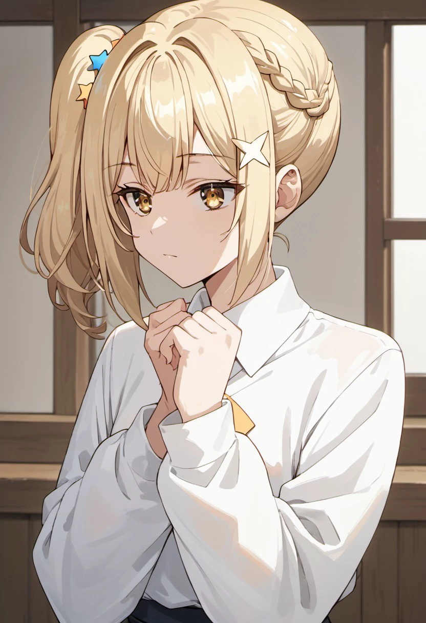 score_9, score_8_up, score_7_up, source_anime, nonoa miyamae, blonde hair, yellow eyes, 1girl, braid, solo, hair ornament, star hair ornament, anime coloring, star (symbol), sidelocks, side ponytail, long sleeves, white shirt