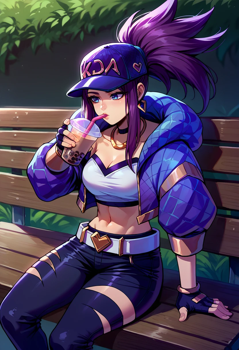 score_9, score_8_up, source_anime, 1girl, solo, AkaliKDA, blue eyes, purple hair, long hair, sidelocks, high ponytail, baseball cap, print cap, earrings, black choker, golden necklace, white tube top, midriff, purple jacket, cropped jacket, fingerless gloves, black gloves, white belt, black pants, single pantsleg, uneven legwear, outdoors, sitting, on bench, drinking, sipping, straw, bubble tea, <lora:ChamAkaliPonyXL:1>