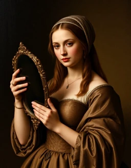 A Renaissance painting of a woman holding a mirror, exploring themes of identity and self-reflection