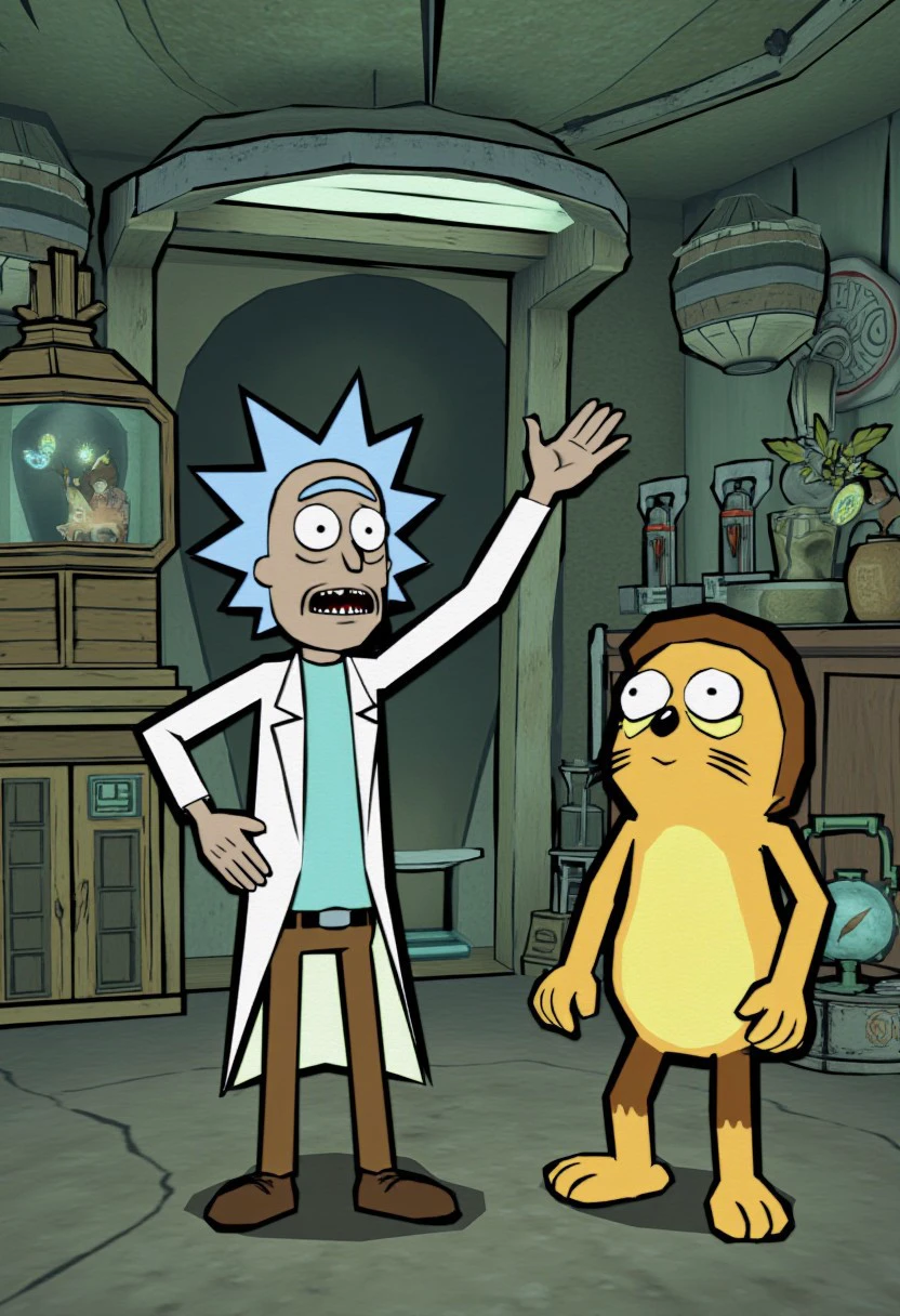 okamistyle, Rick and Morty in a laboratory.