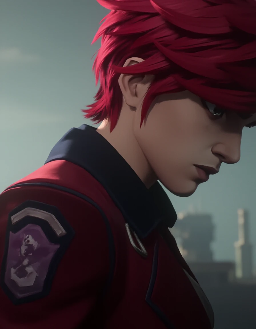 --prompt vi, a man with a red hair and a red jacket, solo, 1boy, monochrome, upper body, male focus, volumetric lighting" 
<lora:Jinx_Vi_Caitlyn_Mel_from_Arcane_mx:0.95>