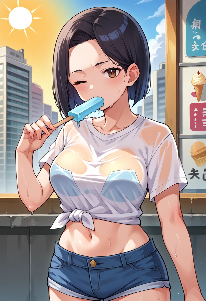 score_9, score_8_up, source_anime, 1girl, solo, YamadaSanae, black hair, brown eyes, short hair, white t-shirt, sweat, see-through, wet shirt, denim shorts, one eye closed, looking at viewer, popsicle, ice cream, eating ice cream, sun, city, tied shirt, midriff, <lora:ChamYamadaSanaePonyXL:1>