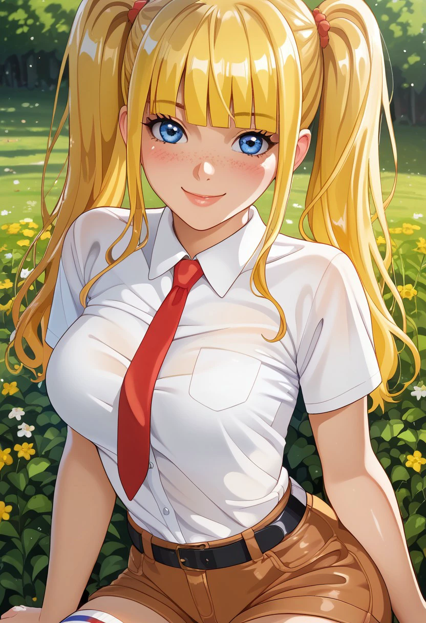 score_9, score_8_up, score_7_up, , shiny skin:0.1, source_anime, , deep skin,, high quality, highres, , 1girl, (curvy), ((wide hips)),, thick thighs, cute, , sexy, medium breasts, solo, SBSPGijinka, yellow hair, blue eyes, short sleeves, collared shirt, white shirt, red necktie, brown shorts, black belt, white socks, striped socks, freckles, smile, twintails, blunt bangs, closed mouth, outside