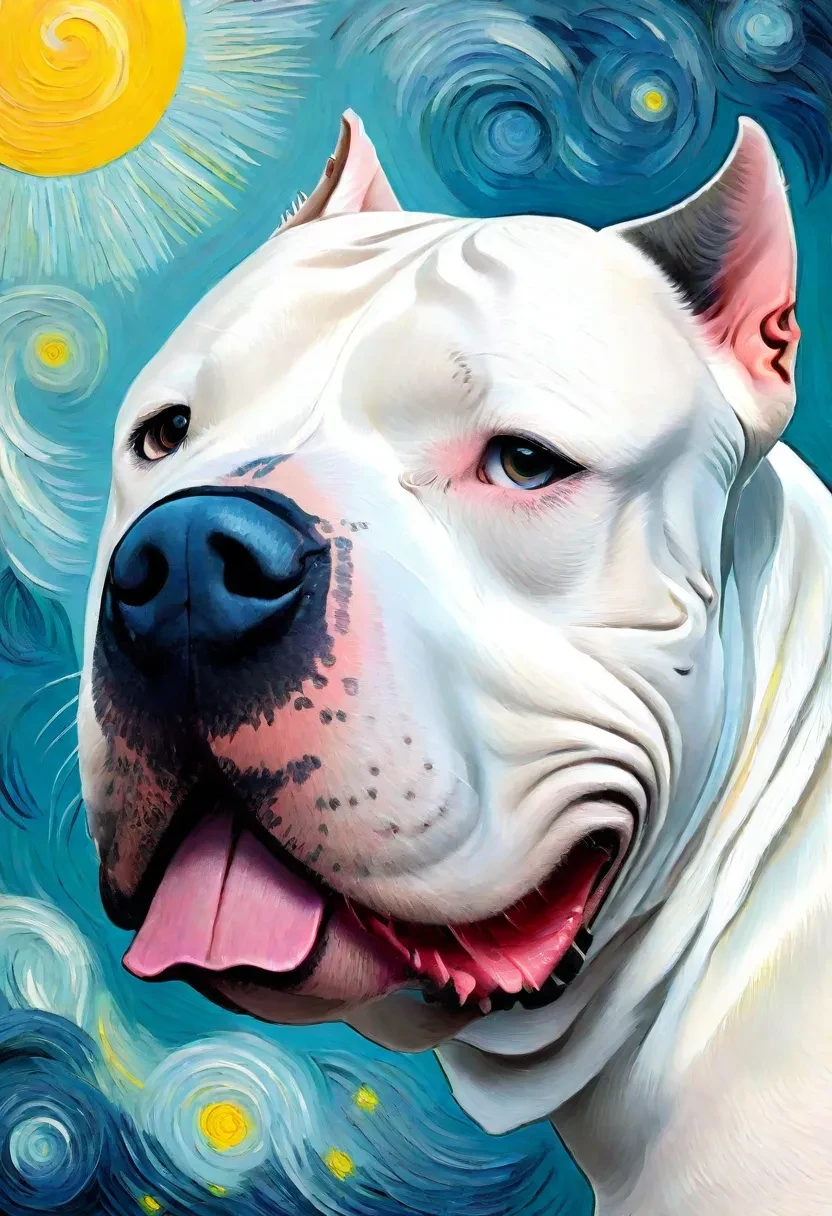 closeup headshot, a White Pitbull, award winning art by Vincent van Gogh <lora:White Pitbull Dog XL_epoch_10:0.75>, Modernism illustration style, embraces experimentation and abstraction, breaks away from traditional representation, explores new forms and techniques, reflects the spirit of innovation and progress.