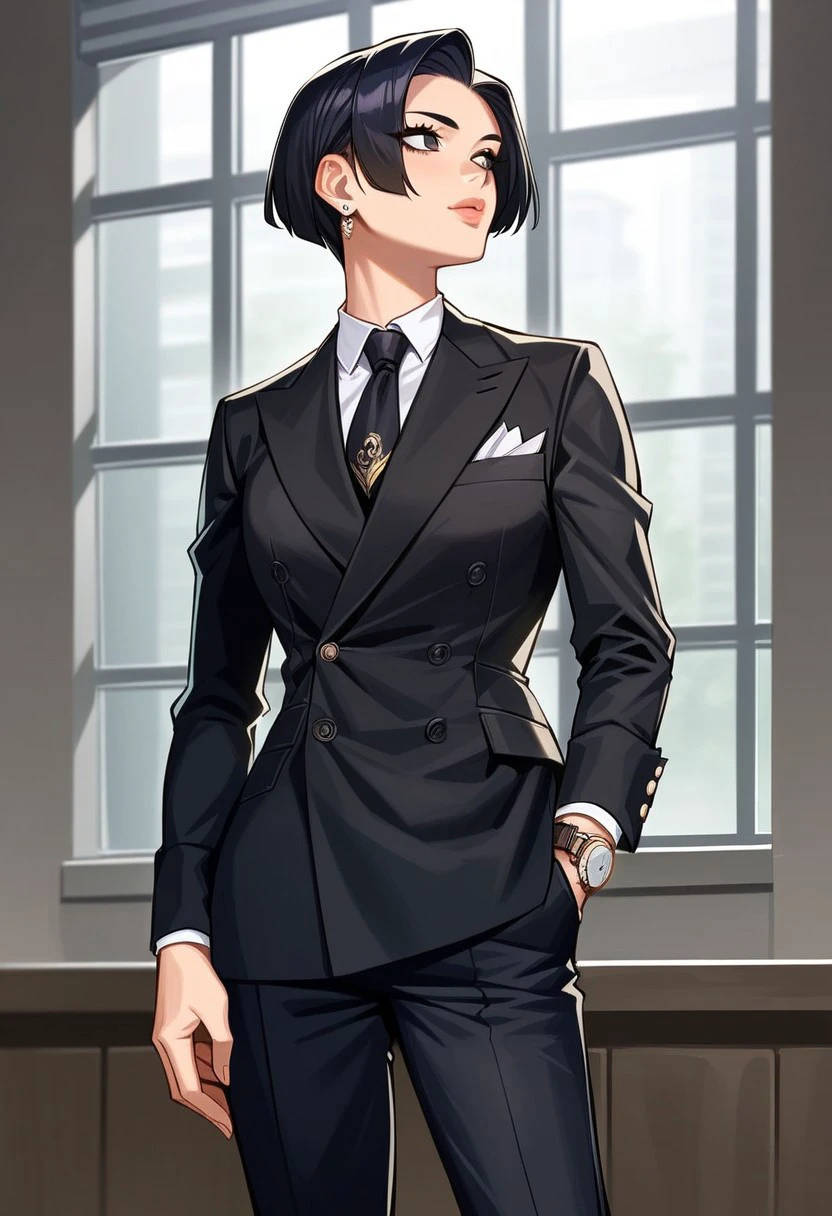 score_9, score_8_up, score_7_up, source_anime, hi res, masterpiece, best quality, highres, double-breasted suits, 1girl, solo, black hair, formal, jewelry, suit, necktie, earrings, pants, jacket, shirt, standing, hand in pocket, short hair, window, black eyes, watch, black jacket, wristwatch, white shirt, lips