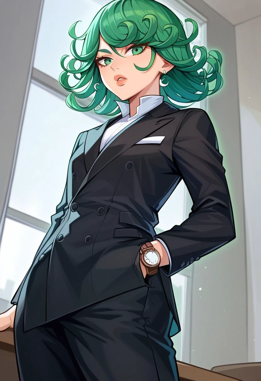 score_9, score_8_up, score_7_up, source_anime, hi res, masterpiece, best quality, highres, double-breasted suits, 1girl, solo, green hair, formal, jewelry, suit, necktie, earrings, pants, jacket, shirt, standing, hand in pocket, short hair, window, green eyes, watch, black jacket, wristwatch, white shirt, lips, tatsumaki, from below, close up