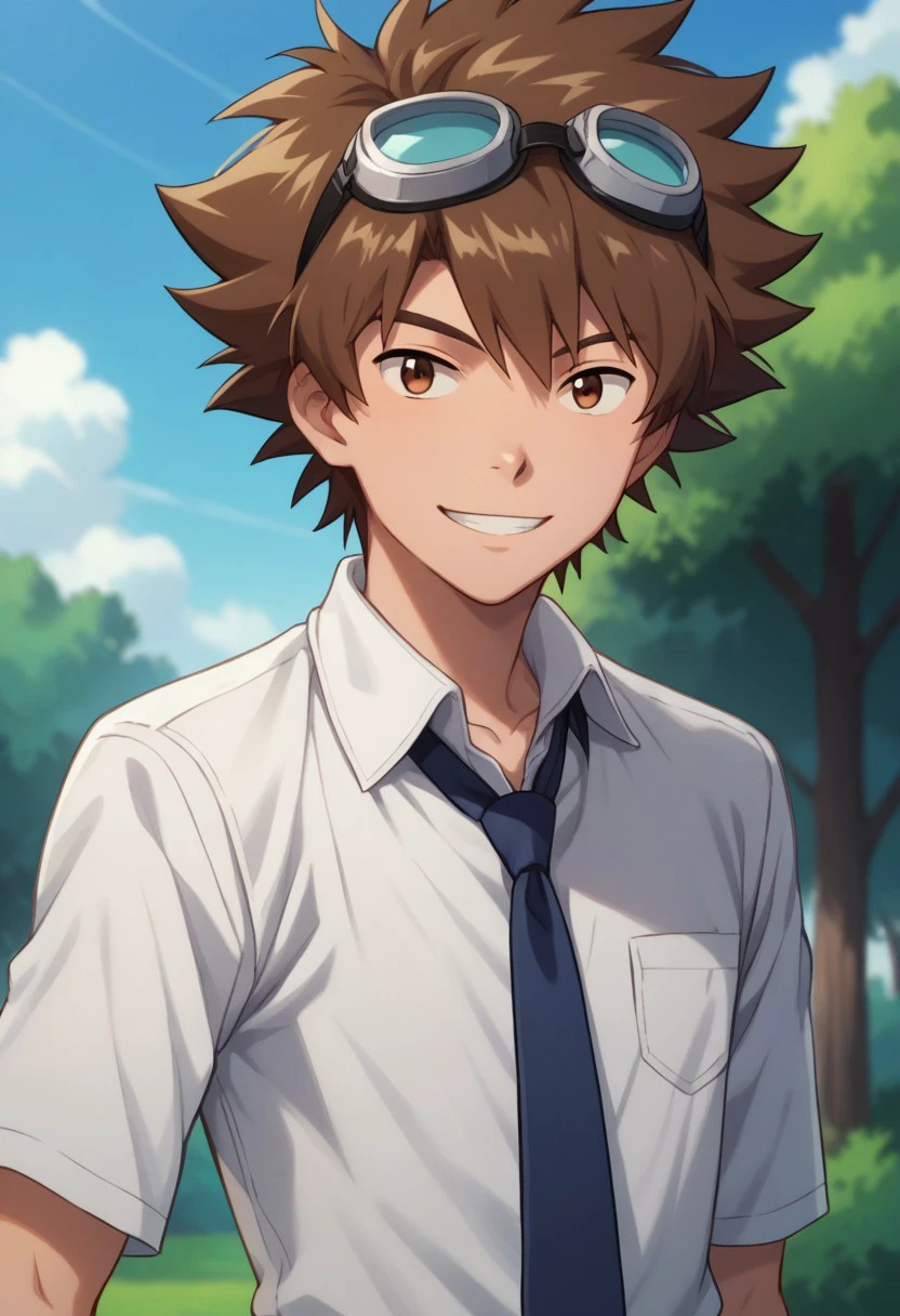 score_9, score_8_up, score_7_up, source_anime, highly detailed, 
taitri, 1boy, goggles on head, male focus, solo, brown hair, brown eyes, smile, shirt, white shirt, collared shirt, necktie, blue necktie, blue pants, upper body
outdoor, sky, tree