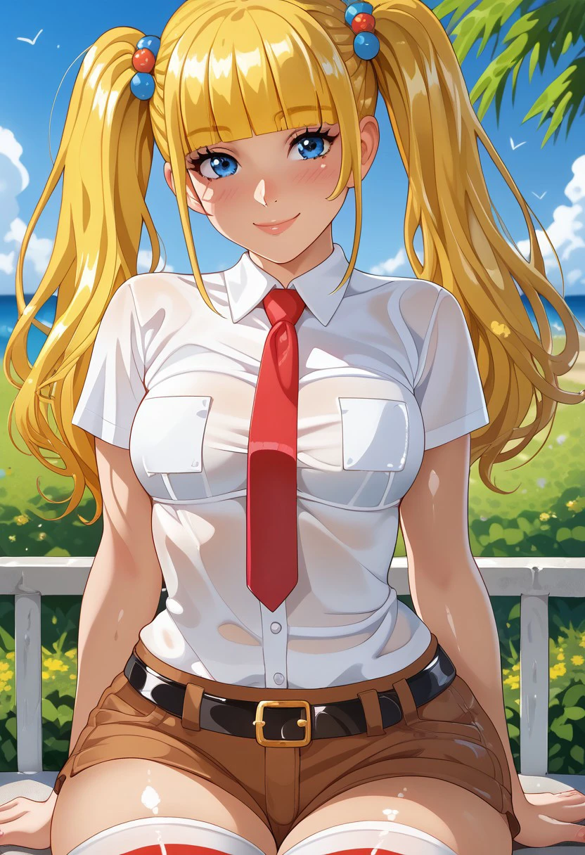 score_9, score_8_up, score_7_up, , shiny skin:0.1, source_anime, , deep skin,, high quality, highres, , 1girl, (curvy), ((wide hips)),, thick thighs, cute, , sexy, medium breasts, solo, SBSPGijinka, yellow hair, blue eyes, short sleeves, collared shirt, white shirt, red necktie, brown shorts, black belt, white Stockings, striped stockings, freckles, smile, twintails, blunt bangs, closed mouth, outside