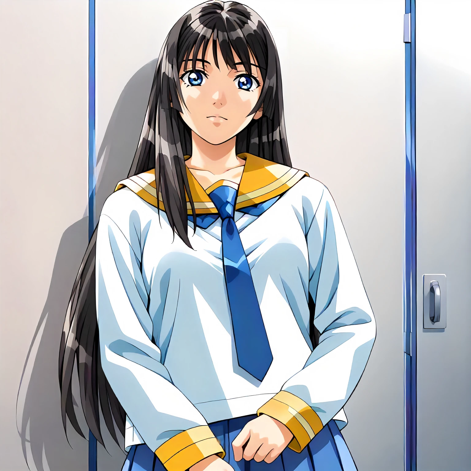 <lora:IS_RumiKitazawaXLpony002>,
solo,
RumiKitazawa,1girl,black hair,long hair,blue eyes,
white shirt,yellow sailor color,blue tie,long_sleeves,
blue skirt,