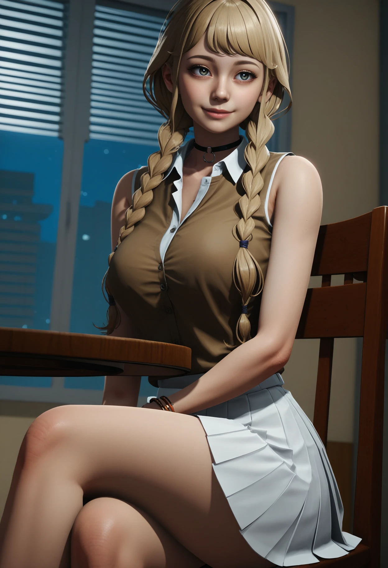 score_9, score_8_up, score_7_up,
1girl, solo, collared shirt:sleeveless shirt:brown shirt, pleated skirt:white skirt, o-ring choker, bracelet, ring, twin braids,
indoors, night, dark, window blinds, table, chair, disposable cup, sitting, crossed legs, looking to the side, smile, wide shot, dutch angle, depth of field, 
 <lora:Dark_Penny_Pony_v1.0:0.8> d4rkp3nny,