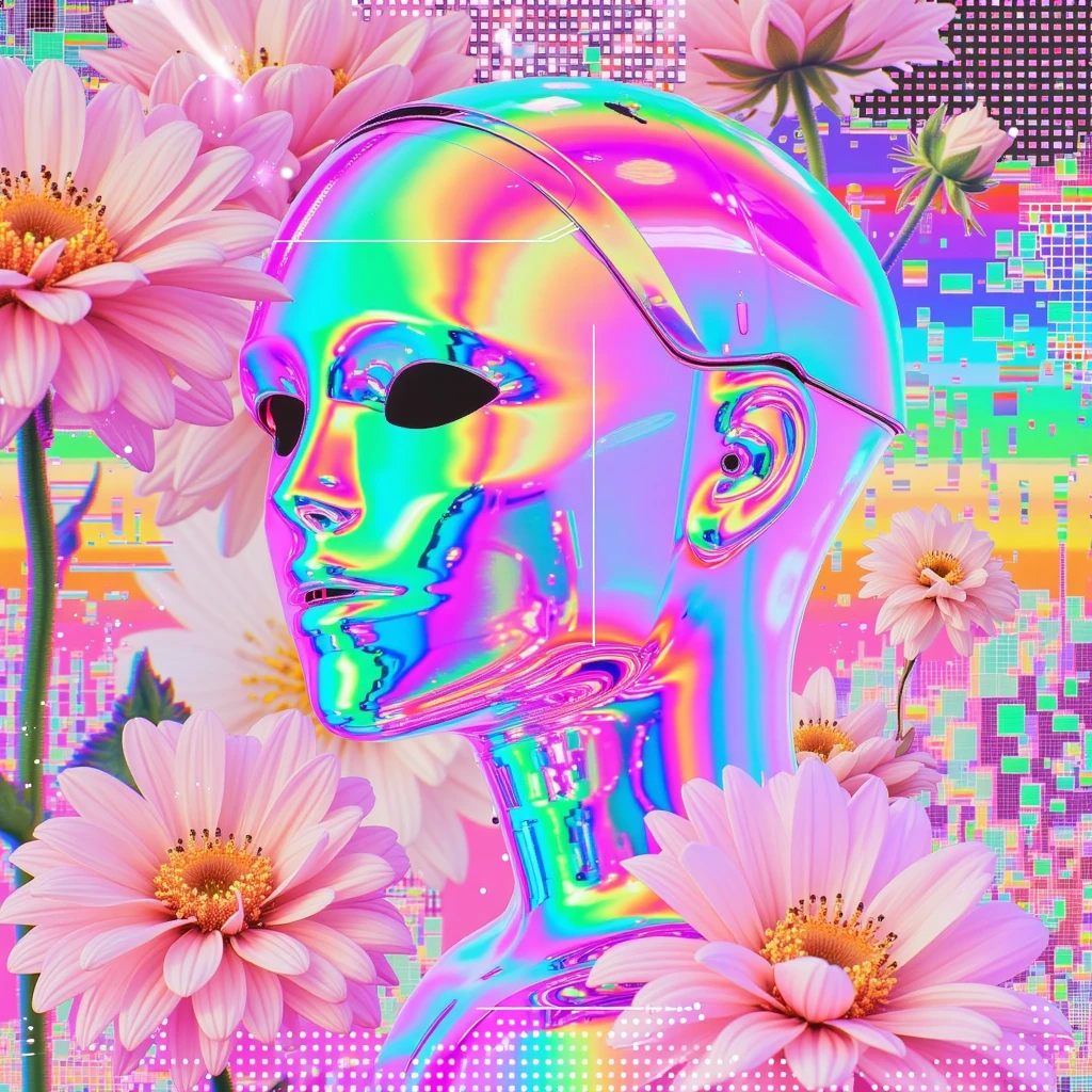 xdlx style, digital collage, abstract composition representing glitched vaporwave music with a iridescent geometric chrome robot, chromatic gradient pixelization, flowers, vaporwave aesthetic, UHD render