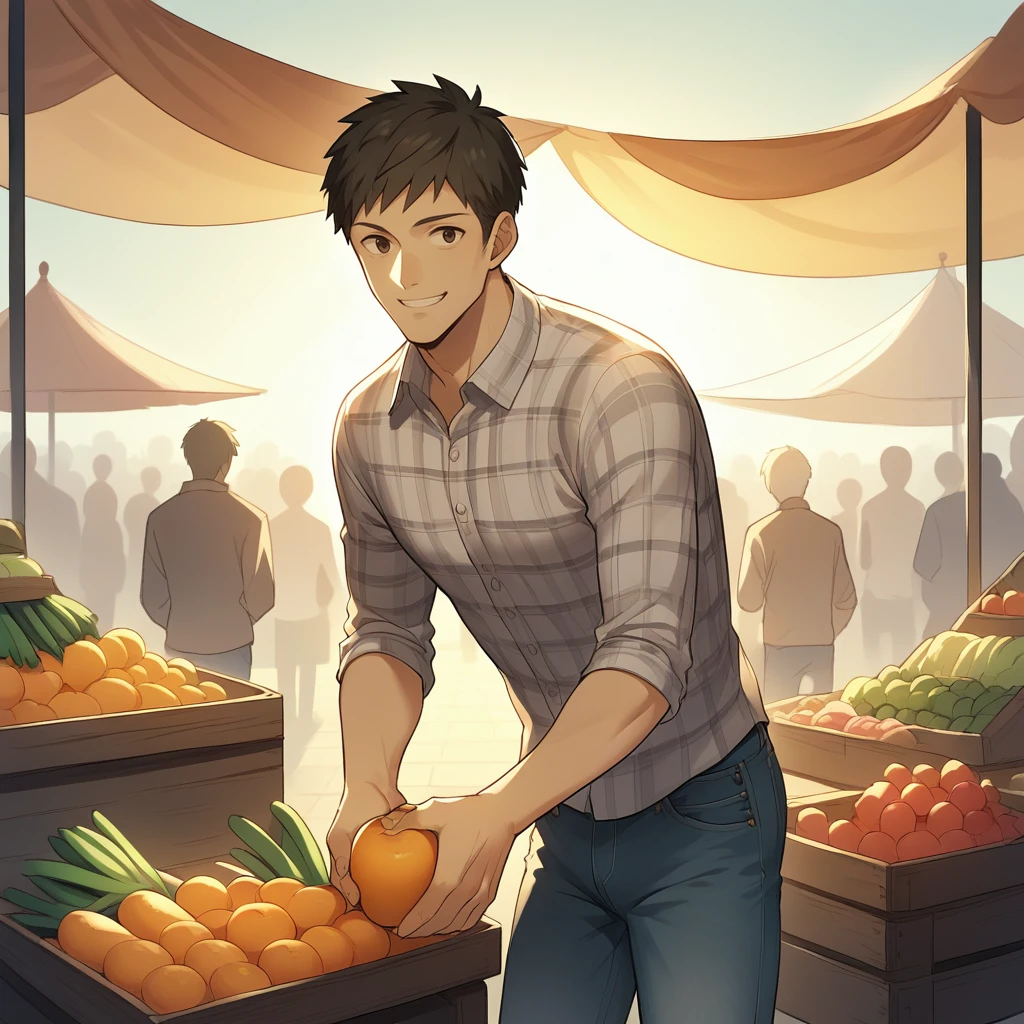 score_9, score_8_up, score_7_up, score_6_up, score_5_up, score_4_up, zPDXL2,source_anime,rating_questionable,cowboy shot,1boy,smile, crowd, plaid shirt, jeans, leaning forward, holding fruit, looking at viewer, <lora:Produce_Market:0.8> m4rket, outdoors, afternoon, sun rays, fruit, vegetable, market stalls