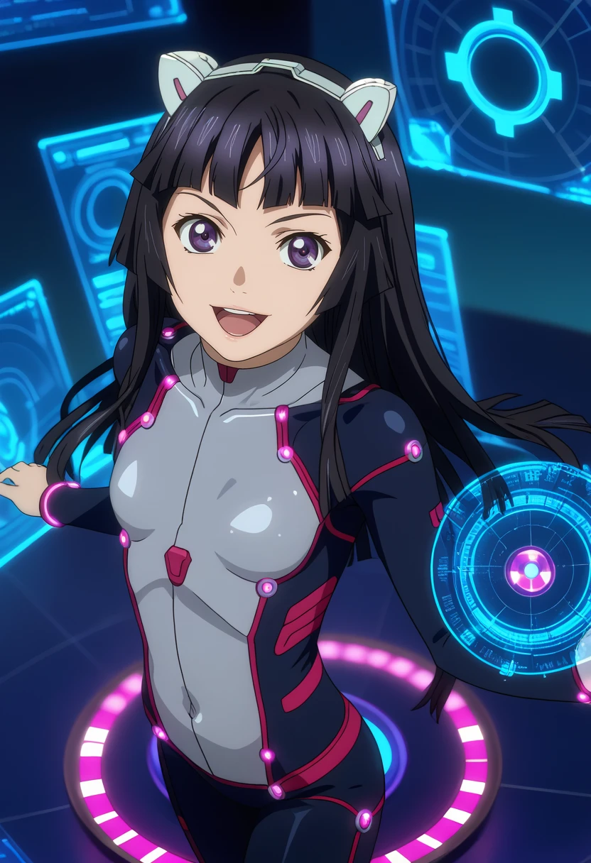 score_7_up, anime screencap,
<lora:GuiltyCrown_TsugumiXL:0.9>,
1girl, open mouth, light smile,
long hair, black hair, hime cut, purple eyes, fake animal ears, hairband,
TsugumiSuit, two-tone suit, black bodysuit, grey bodysuit, neon trim,
standing, looking at viewer, cowboy shot, from above,
blurry background, blue background, holographic interface