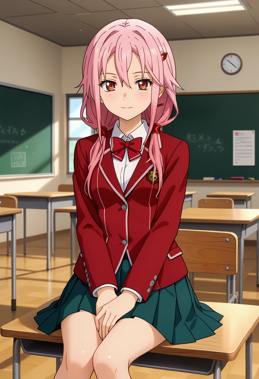 score_7_up, anime screencap,
<lora:GuiltyCrown_YuzurihaInoriXL:0.9>,
1girl, closed mouth, light smile,
long hair, pink hair, low twintails, hair between eyes, red eyes, hair ornament, hairclip,
InoriSchool, blazer, red jacket, red bowtie, pleated skirt, green skirt,
sitting, looking at viewer,
blurry background, indoors, classroom