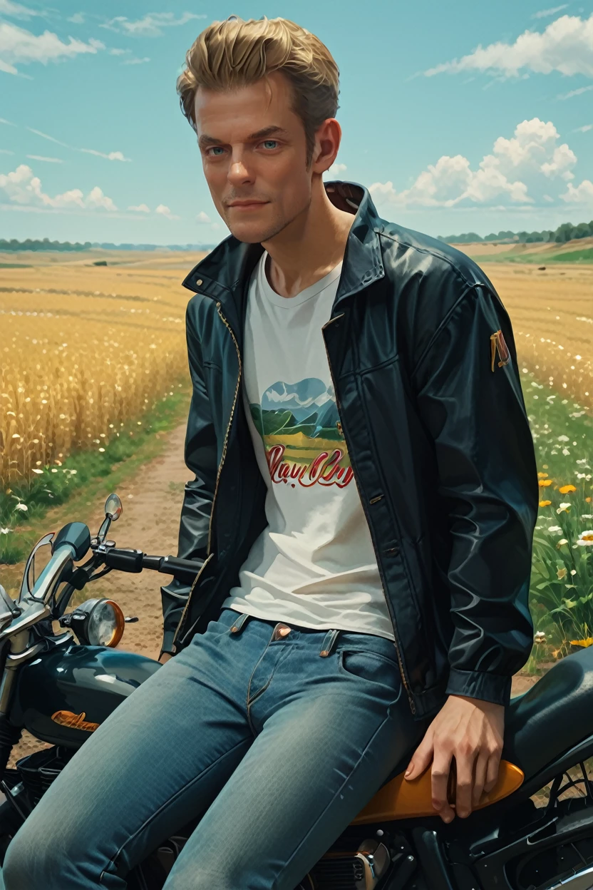 score_9, score_8_up, score_7_up, score_6_up
<lora:AWAlex:1.0>
AWAlex, 1boy, blonde hair, looking at viewer, sitting on a motorcycle in an open field, wearing a white t-shirt and jeans, wind in his hair, vast sky above, rebellious yet calm atmosphere