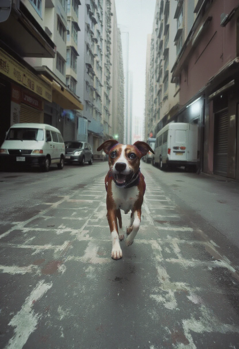 ldrwitness, a dog running through the streets.  <lora:LDR_-_The_Witness_Style_F1D:1.6>