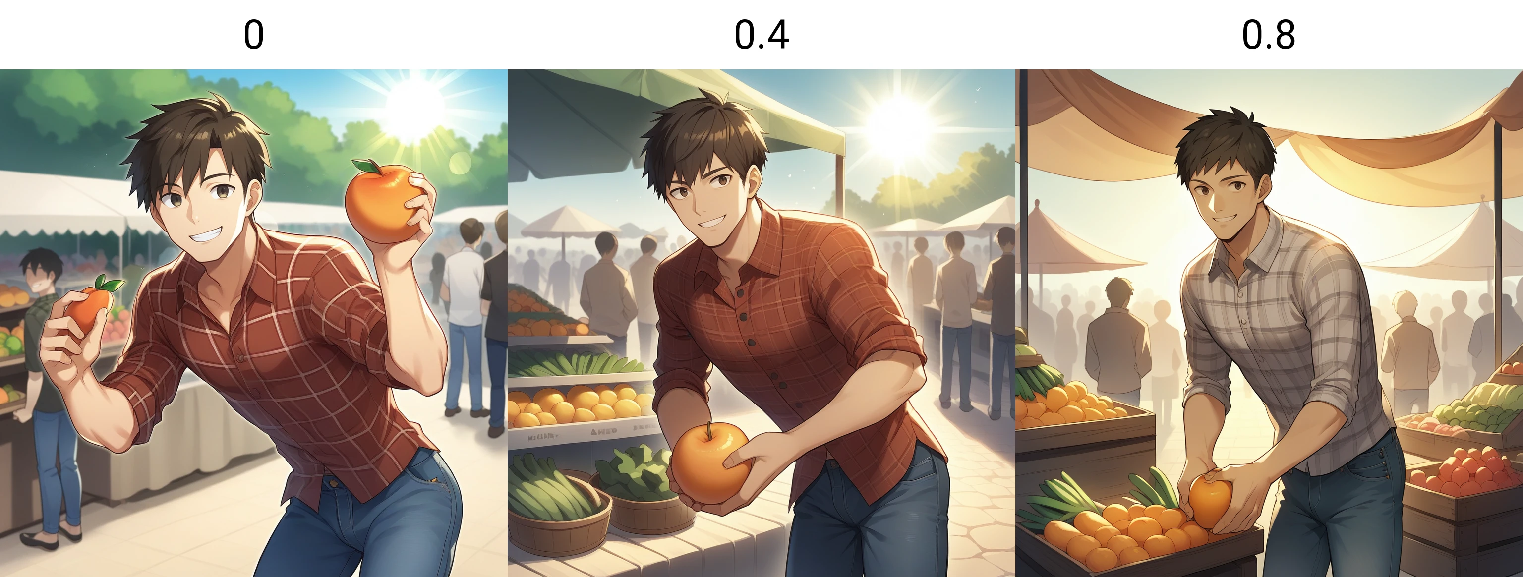 score_9, score_8_up, score_7_up, score_6_up, score_5_up, score_4_up, zPDXL2,source_anime,rating_questionable,cowboy shot,1boy,smile, crowd, plaid shirt, jeans, leaning forward, holding fruit, looking at viewer, <lora:Produce_Market:0> m4rket, outdoors, afternoon, sun rays, fruit, vegetable, market stalls
