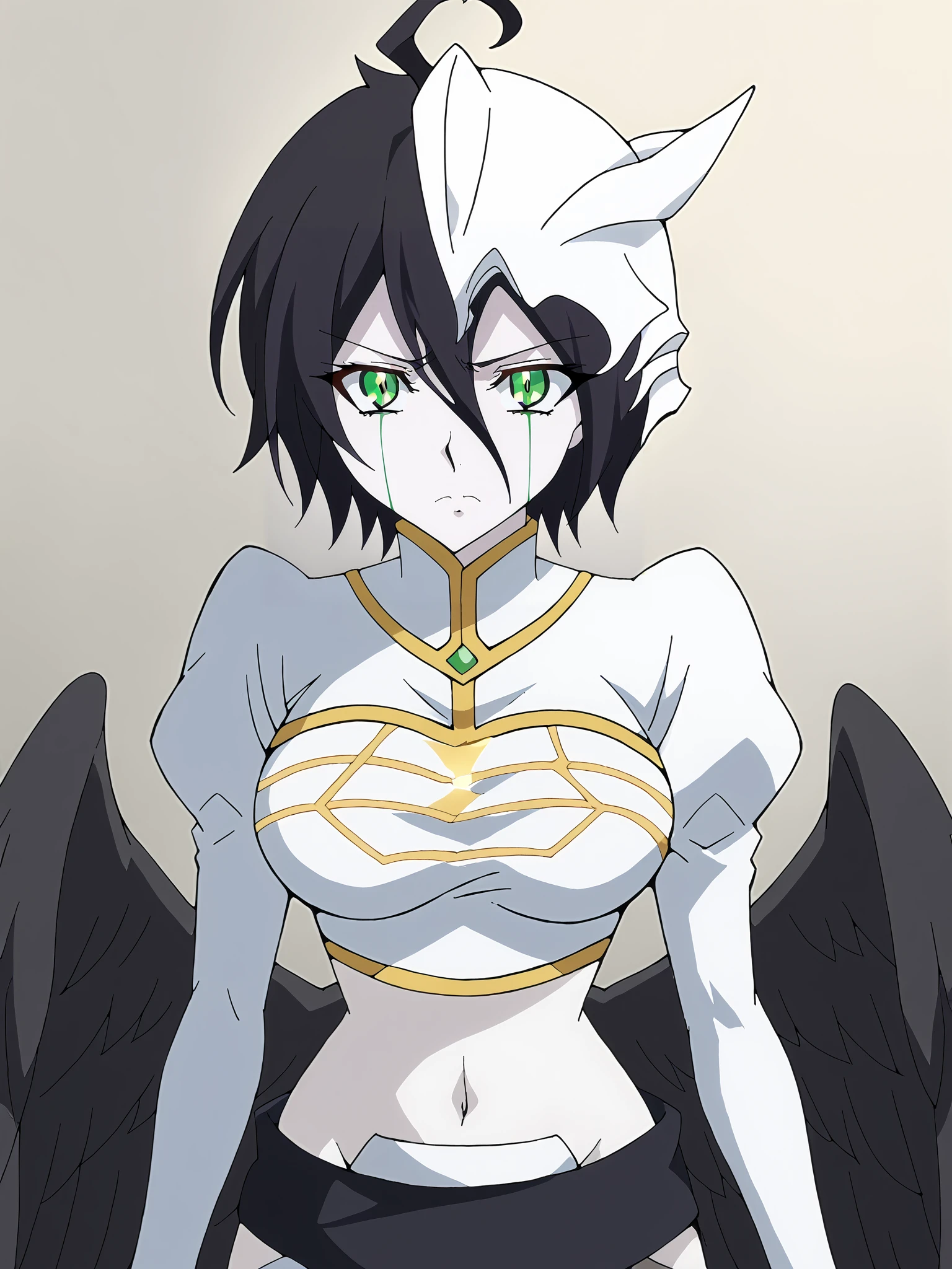 score_9, score_8_up, score_7_up, score_6_up, score_5_up, source_anime, smooth_anime,
Ulquiorra, breasts, 1girl, mask_on_head, black_hair, short_hair, ahoge, large_breasts, green_eyes, white skin, pale_skin, colored skin, bright_pupils, navel, groin, arrancar_outfit, black_belt, black_sash, (Ahoge), hip_vent, arrancar_outfit, groin, juliet_sleeves, 
Albedo_overlord, low_wings, black_wings, demon_wings, feathered_wings, 
1girl, green_eyes, black_hair, solo, breasts, ahoge, short_hair, dress,  large_breasts, puffy_sleeves, long_sleeves, juliet_sleeves, looking_at_viewer, hair_between_eyes, white_dress, pale_skin, colored_skin, white_skin, frown, midriff, navel, shrug_\(clothing\),
<lora:Ulqui_V15_SDXL:1><lora:Overlord:.5>  <lora:Reborn_to_Master_the_Blade:.5>