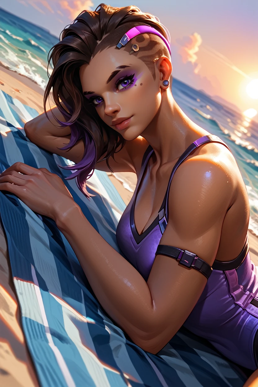 score_9, score_8_up, score_7_up
<lora:OSombra:1.0>
OSombra, 1girl, brown hair, purple eyes, undercut, looking at viewer, Laying on a beach towel, looking at viewer, ocean waves in the background, golden sunset lighting, relaxed and carefree atmosphere