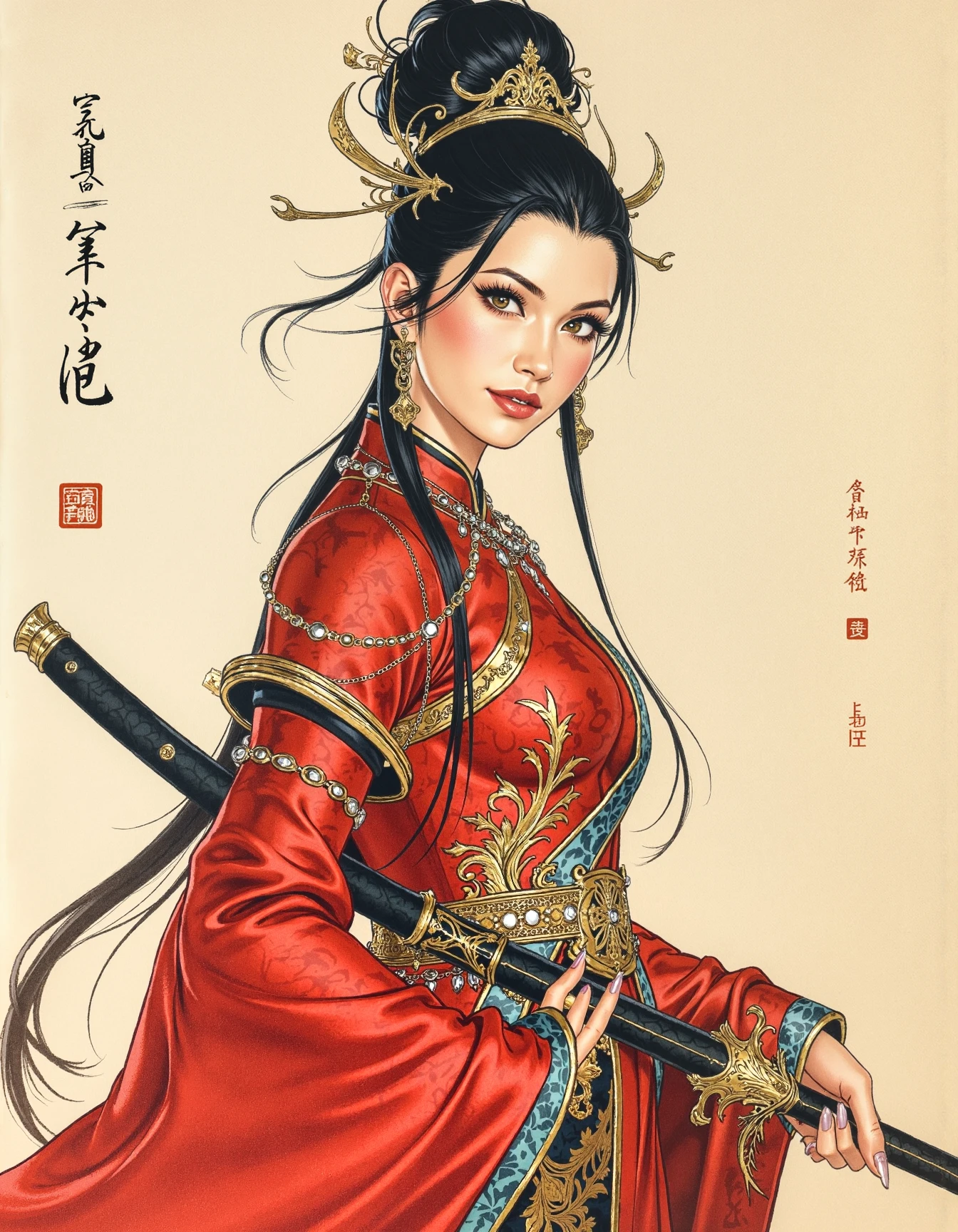 traditional chinese art style, ink on paper, henna and carmine, sepia, looking at viewer, chinese female warrior, holding chinese sword, dramatic pose chinese dress, long sleeves, LOAwdl34pXL, qipao <lora:FluxDFaeTasticDetails:0.7> <lora:Commanding_Leap:0.65>