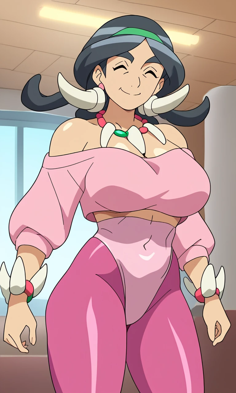 score_9, score_8_up, score_7_up, score_6_up, score_5_up, score_4_up, Drasna, closed eyes, black hair, tribal horns, mature female, tooth_necklace, tooth_bracelet, thick eyebrows, 1girl, closed mouth, solo, smile, large breasts, indoors, retro_workoutwear, aerobics, headband, off_shoulder, highleg_leotard, thong_leotard, cropped_sweater, neon, leggings, shiny_leotard, neon_pink, crop_top, off_shoulder, tented_shirt, gym interior, cowboy shot, exercise pose