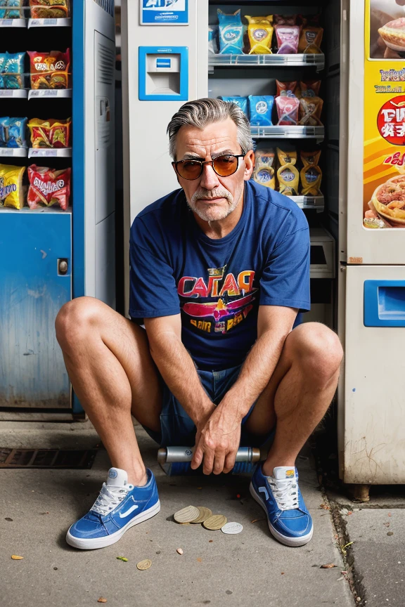 RAW PHOTO of a blind man sitting on the ground in front of a vending machine, holding a cup to collect coins, he is homeless, he is holding the cup in the air to beg for change, the food is behind him inside the vending machine, sunglasses, cane, walking stick, focus stacking, high quality, logical composition, professional shot, national geographic, 1080, cinematic,hypermaximalist, hyper realistic, super detailed, highly-detailed-facial-features, detailed faces, poor living,)))