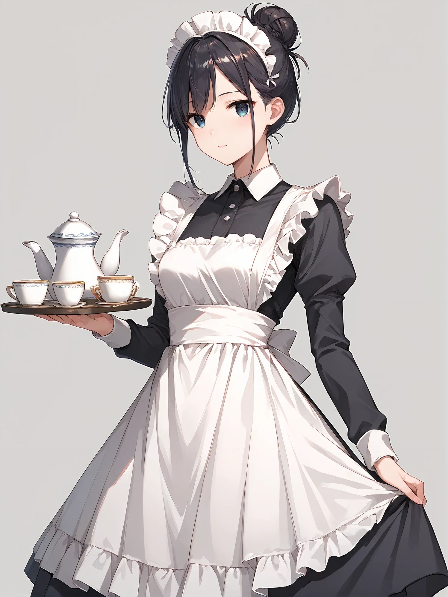 score_9, score_8_up, score_7_up,source_anime, high res image,masterpiece,best quality,girl,cute face,clear skin,shiny hair,ultra detailed eyes,(simple background:1.4),  <lora:classic maid_pony_V1.0:1> maid, maid apron, maid headdress,long sleeves,tea,cup,tray,skirt lift  <lora:single hair bun_pony_V1.0:1> single hair bun