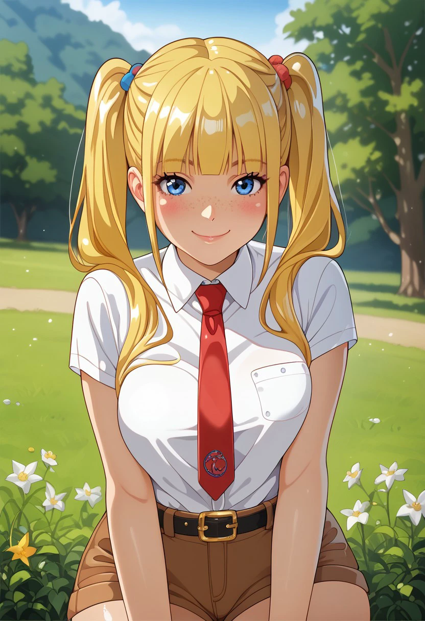 score_9, score_8_up, score_7_up, , shiny skin:0.1, source_anime, , deep skin,, high quality, highres, , 1girl, (curvy), ((wide hips)),, thick thighs, cute, , sexy, medium breasts, solo, SBSPGijinka, yellow hair, blue eyes, short sleeves, collared shirt, white shirt, red necktie, brown shorts, black belt, white socks, striped socks, freckles, smile, twintails, blunt bangs, closed mouth, outside