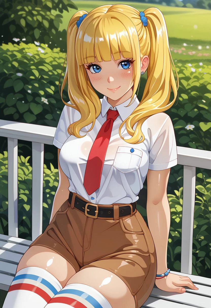 score_9, score_8_up, score_7_up, , shiny skin:0.1, source_anime, , deep skin,, high quality, highres, , 1girl, (curvy), ((wide hips)),, thick thighs, cute, , sexy, medium breasts, solo, SBSPGijinka, yellow hair, blue eyes, short sleeves, collared shirt, white shirt, red necktie, brown shorts, black belt, white Stockings, striped stockings, freckles, smile, twintails, blunt bangs, closed mouth, outside