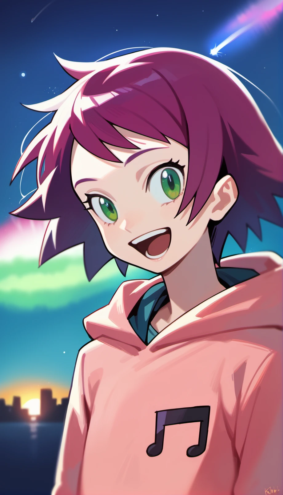 score_9,score_8_up,score_7_up,
<lora:soniastrumm:0.8>,
misorahibiki,
realistic,highres,
1girl,solo,
purple hair,short hair,
green eyes,looking at viewer,open smile,
pink sweatshirt,a musical note printed on the hoodie,
portrait,
blurry background,
outdoors,night,starry background,shooting star,starry night,bloom,light particles,lens flare,cloud,lens flare abuse,cityscape,aurora,meteor shower,