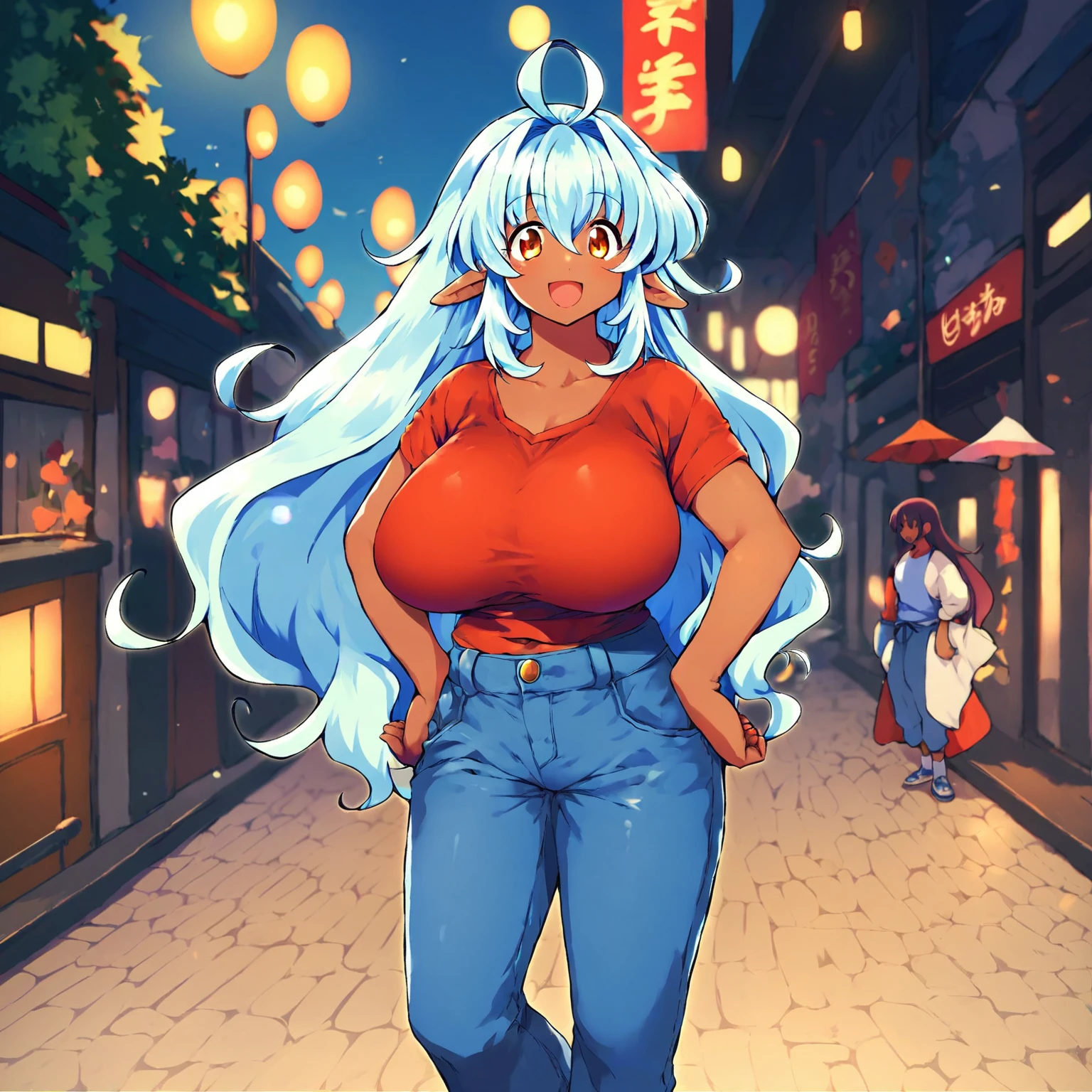 tatara, score_9, score_8_up, score_7_up, syarii woman, dark skin, city, tatara, tatara, tatara, huge breasts, syarii woman, red t-shirt, blue pants, standing, sunny, happy <lora:tatara_grok_reg_05:0.6>