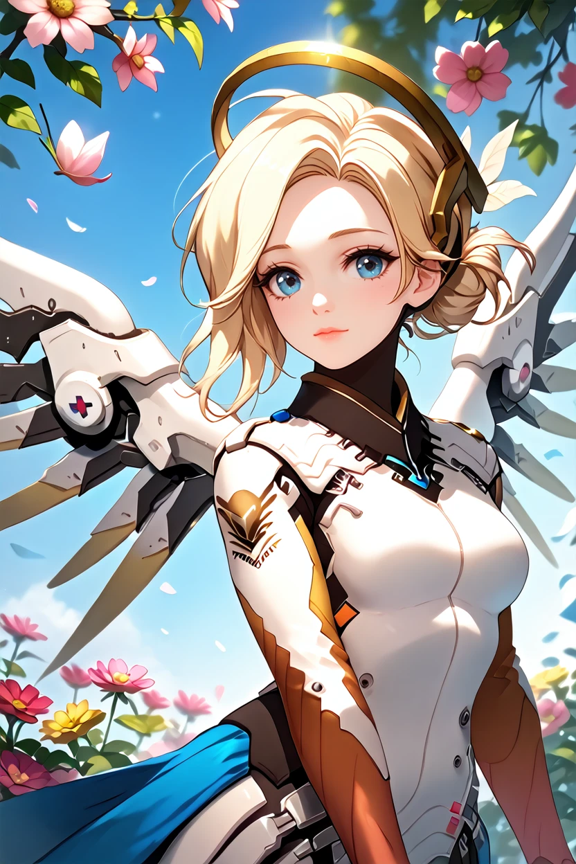 score_9, score_8_up, score_7_up
<lora:OMercy:1.0>
OMercy, 1girl, blonde hair, blue eyes, mechanical halo, mechanical wings, looking at viewer, standing in a sunlit garden, surrounded by blooming flowers, soft focus background with bokeh, gentle breeze rustling through leaves, romantic and dreamy ambiance