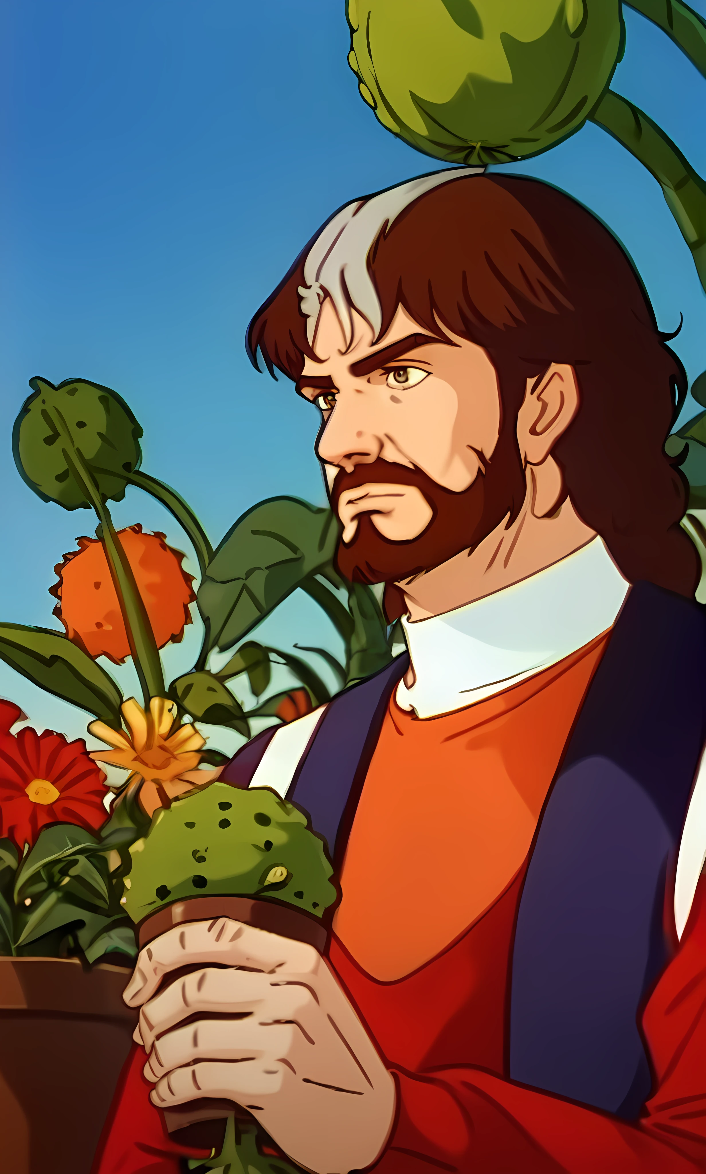 J4yc3e, score_8_up, score_7_up, source_anime, rating_questionable,  <lora:Jayce_and_The_Wheeled_Warriors_-_1985_-_Pony:1.1> audric, bearded male, mature, brown hair with grey stripe, red shirt, blue vest, holding a potplant, outside, sunny day, surrounded by plants, serious expression, (profile:0.2), upper body