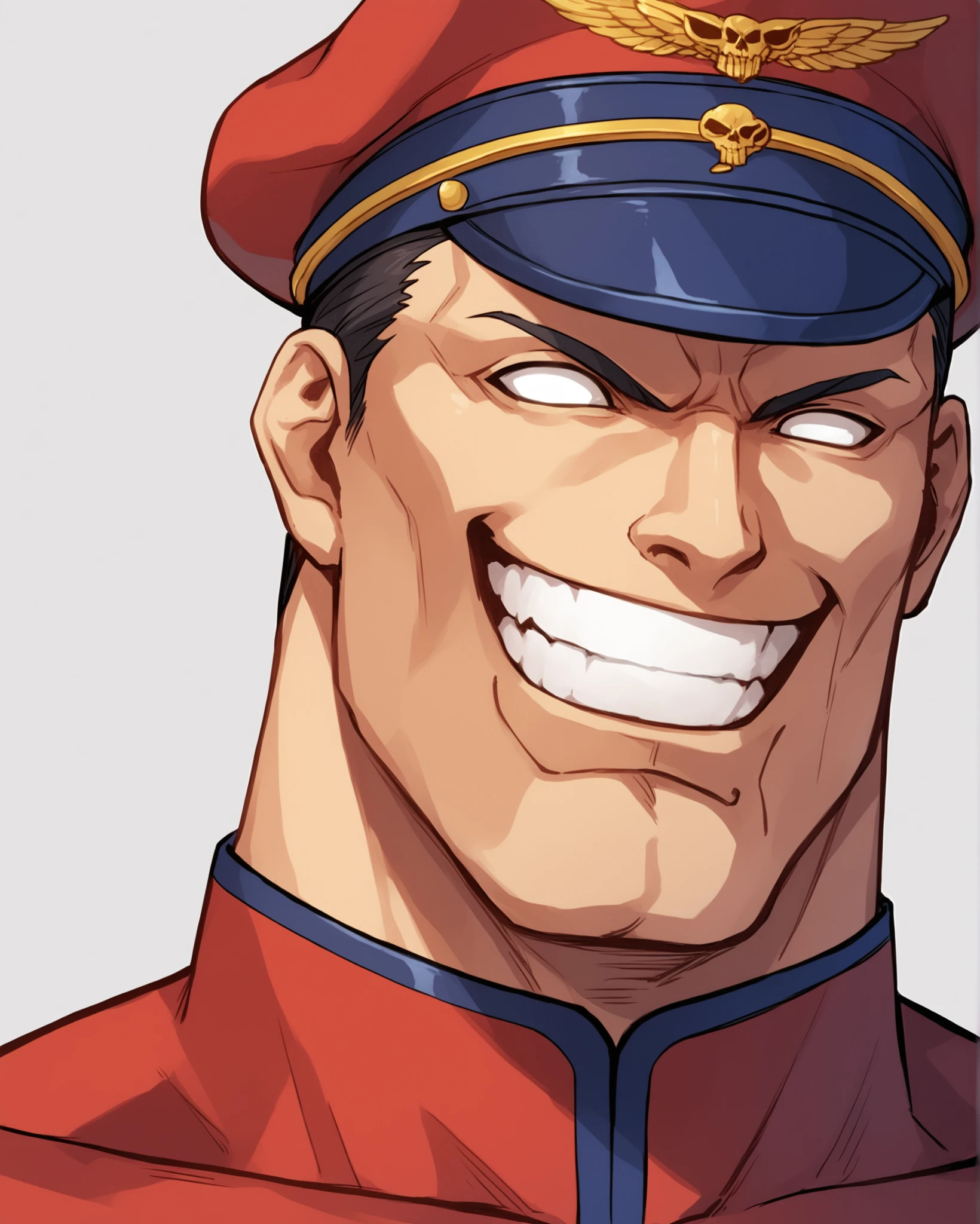 score_9, score_8_up, score_7_up, source_anime BREAK 1boy, M bison, (street fighter), red uniform, hat, grin, white eyes, peaked cap, manly, close up, <lora:M_Bison_Street_Fighter:1>, skull symbol on hat, rating_questionable