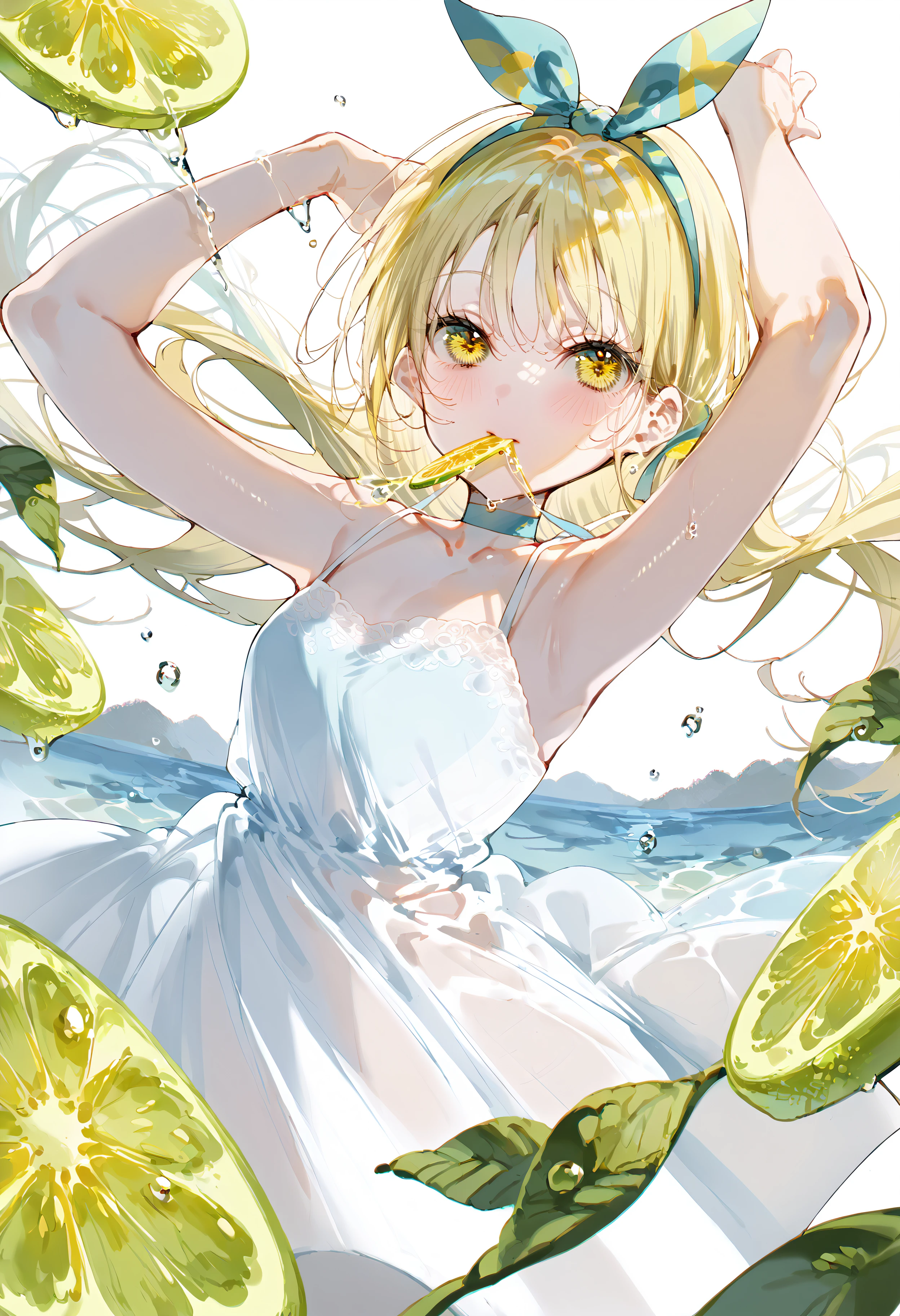 score_9, score_8_up, score_7_up, best quality, source_anime BREAK, ragragko, 1girl, white dress, food in mouth, lemon slice, arms up, fruit, long hair, blonde hair, looking at viewer, yellow eyes, sleeveless dress, armpits, choker, white background, sundress, water drop, hair ribbon, mouth hold, collarbone, blush, breasts, see-through silhouette, hairband, spaghetti strap, <lora:ragragko:1>