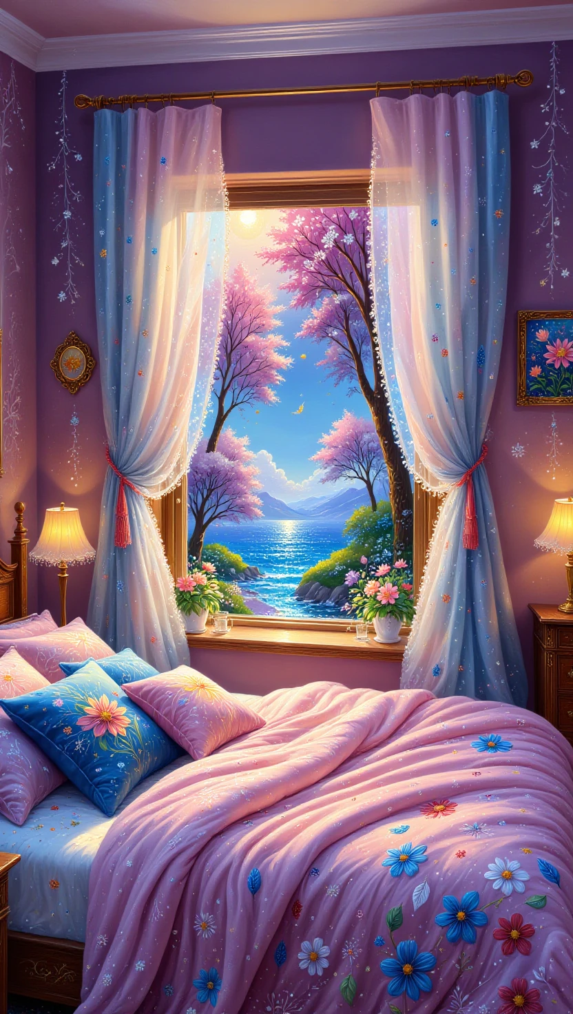 colorful painting, Craft a serene bedroom setting: bed with fluffy pillows, soft ambient lighting, peaceful color palette, dreamy curtains, gentle breeze through open window