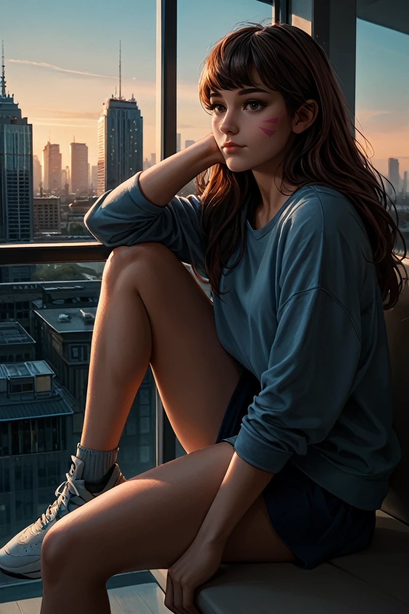 score_9, score_8_up, score_7_up
<lora:ODVA:1.0>
ODVA, 1girl, brown hair, brown eyes, long hair, whisker markings, sitting on a windowsill, one leg bent, one hand resting on the knee, city skyline at dusk in the background, moody and reflective ambiance