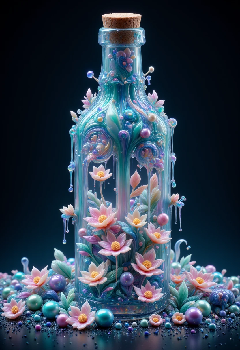 an elaborate bottle made out of iridescent jelly with whimsical elements, magical fairytale landscape, fantasy style art, dark blue theme, intricate details, ultra sharp, exquisite detail, flawless composition, masterpiece, exciting background