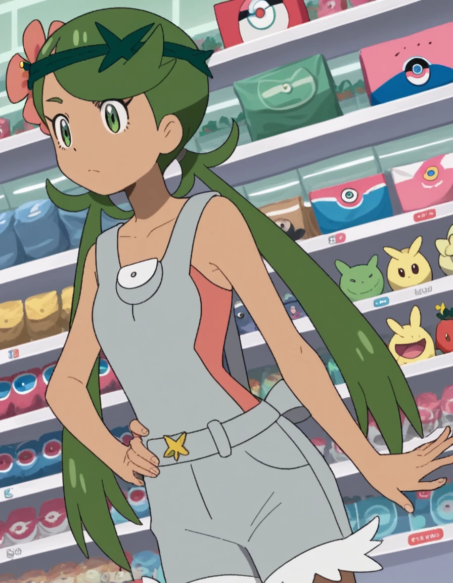 score_9, score_8_up, score_7_up, source_anime, <lora:pokemon-mallow-anime-ponyxl-lora-nochekaiser:1>, mallow, long hair, bangs, hair ornament, twintails, green eyes, flower, green hair, hair flower, dark skin, dark-skinned female, swept bangs, mallow (pokemon), collarbone, sleeveless, pink shirt, overalls,, music store, browsing records, headphones, vinyl collection, nostalgic, , , hand on waist, elbow up, foot on tiptoe, solo,, cowboy shot, dutch angle