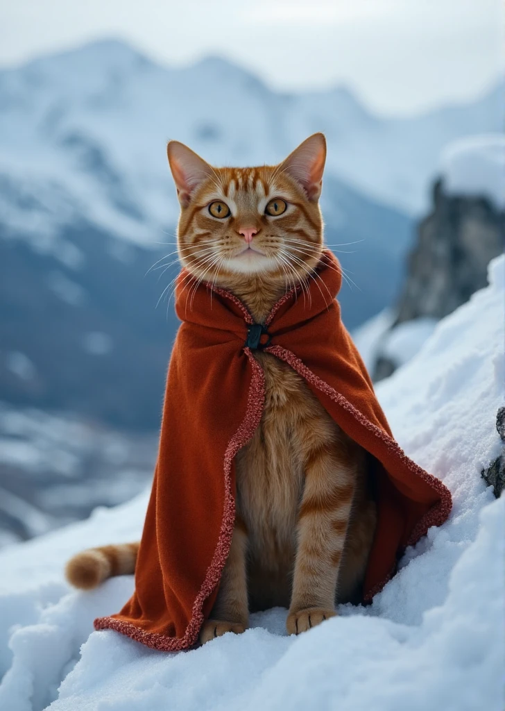 close up photo of xpanzudox orange cat  wearing an wizard robe on the top of the snowy mountain ,photoshoot,cinematic shot  <lora:Panzon_Gordinflon:0.9>