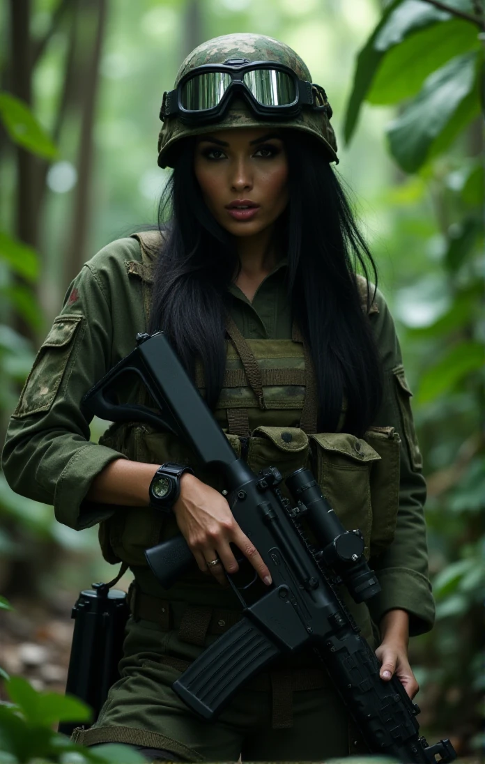 Anissa Kate is a soldier. She wears a camouflage helmet, bulletproof jacket and camouflage cargo pants. She have camouflage paint on the face. She holds a machinegun. In the humid and scary jungle  <lora:AnissaKate:0.8>