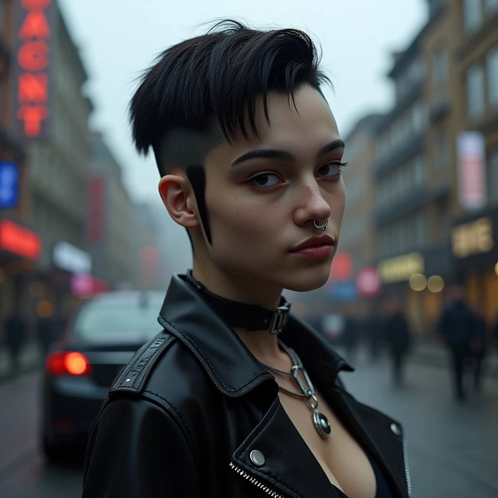 a detailed realistic photo of k3rosene standing on a city street. Her hair is styled in a short undercut. She is wearing Goth inspired clothing and has a nose ring. 
high detailed skin textures and a random expression on her face
 <lora:k3rosene:1>