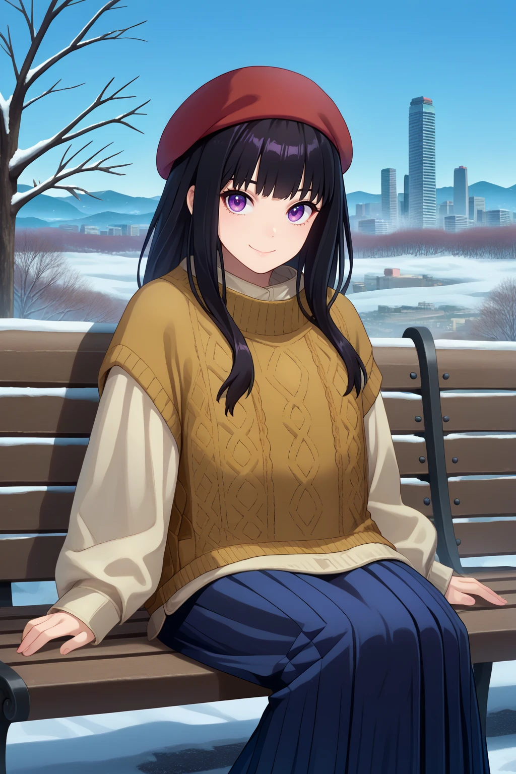 score_9, score_7_up, source_anime, cowboy shot, looking at viewer, smile, inetkn, long hair, black hair, purple eyes, red beret, aran sweater, beige shirt, short over long sleeves, blue long skirt, pleated skirt, sitting on bench, outdoors, winter, hill, skyline, tree, city, <lora:Hoseki_LycorisRecoil_TakinaInoue_PDXL_v1:1>