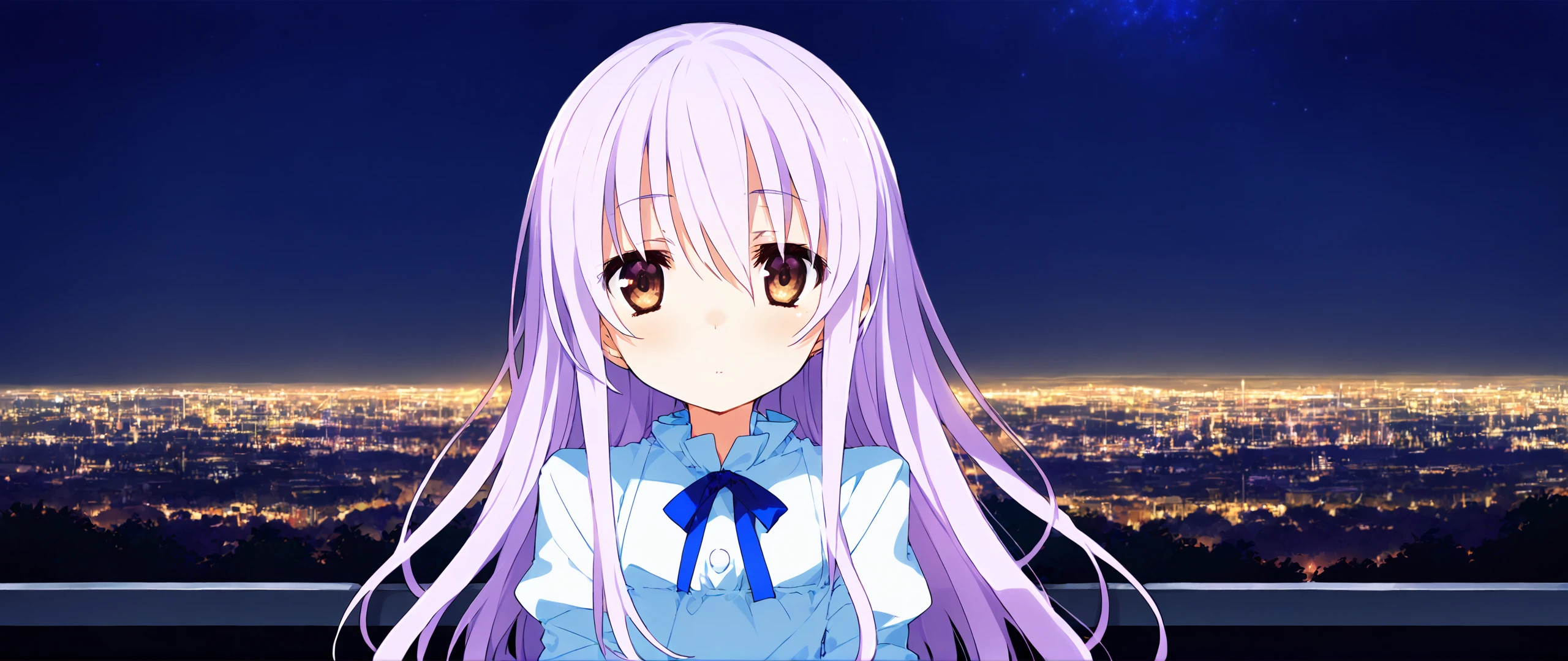 score_9,score_8_up,score_7_up,by mika pikazo,by ogipote,anime,wide shot,night,starry sky,upper body,mayuki,sitting,solo,1girl,lilac_hair,very_long_hair,brown eyes,white_dress,looking_at_viewer,blush,<lora:MayukiXL_V2:0.9>,