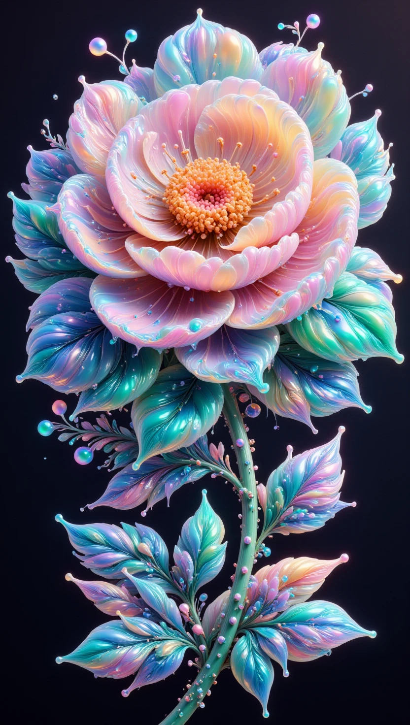 The image is a digital illustration of a flower made out of iridescent jelly