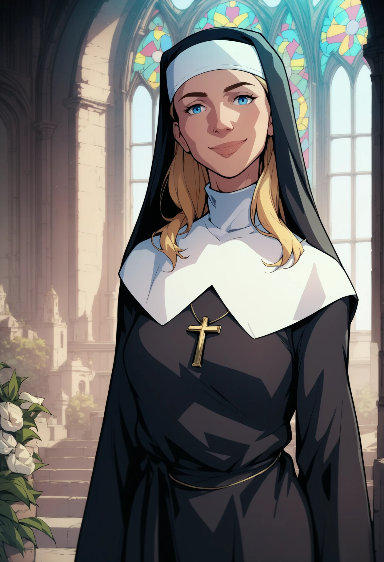 score_9, score_8_up, score_7_up, score_6_up, score_5_up, score_4_up, BREAK,
1girl, blonde hair, blue eyes,  long hair, nun, boots, dress, hat, robe,
upper body, warm smile, looking at viewer, solo, standing, church background  <lora:PhilBourrassaXLLocon:1>