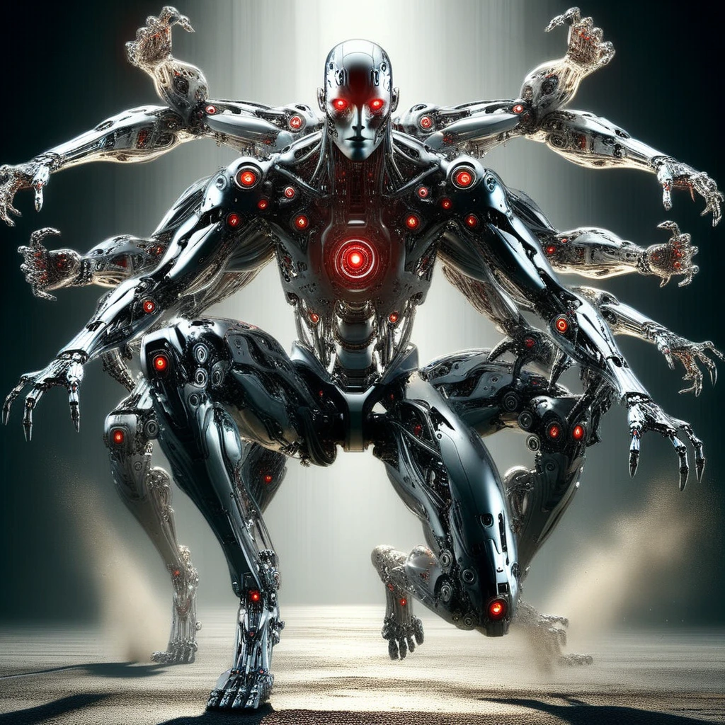 humanoid robot, chrome plated metallic frame, male focus, robot joints, realistic, full body, mechanical parts, solo, no humans, glowing, bald, glowing red eyes, looking directly at viewer, no nose, no mouth, emotionless, extra arms, 6 arms, mechanical arms, 6 hands, mechanical hands, open hands, mechanical fingers, mechanical legs, mechanical feet, barefoot, road, street, cars, dark, dust, nightmarish urban setting, horror (theme)