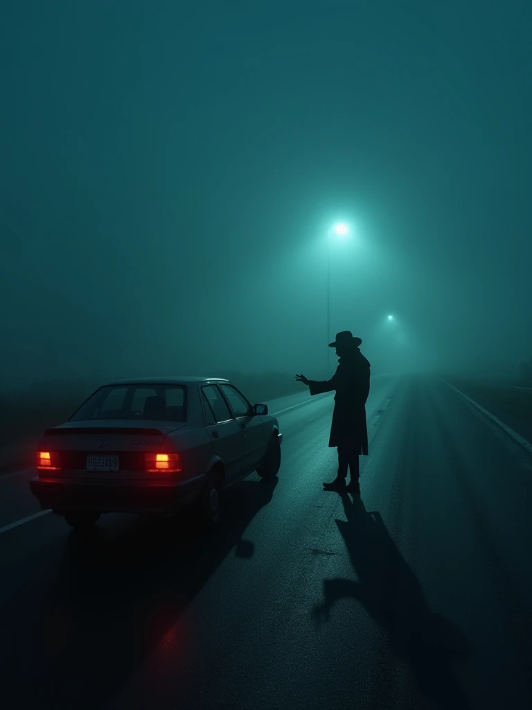 A lonely, desolate highway at night, shrouded in thick fog. A broken-down car sits on the roadside, its hazard lights blinking weakly. A mysterious hitchhiker stands next to it, wearing a dark trench coat and a wide-brimmed hat that hides their face. Their hand is outstretched, and their shadow stretches unnaturally long, seemingly pointing towards an unknown destination in the distance., xplus