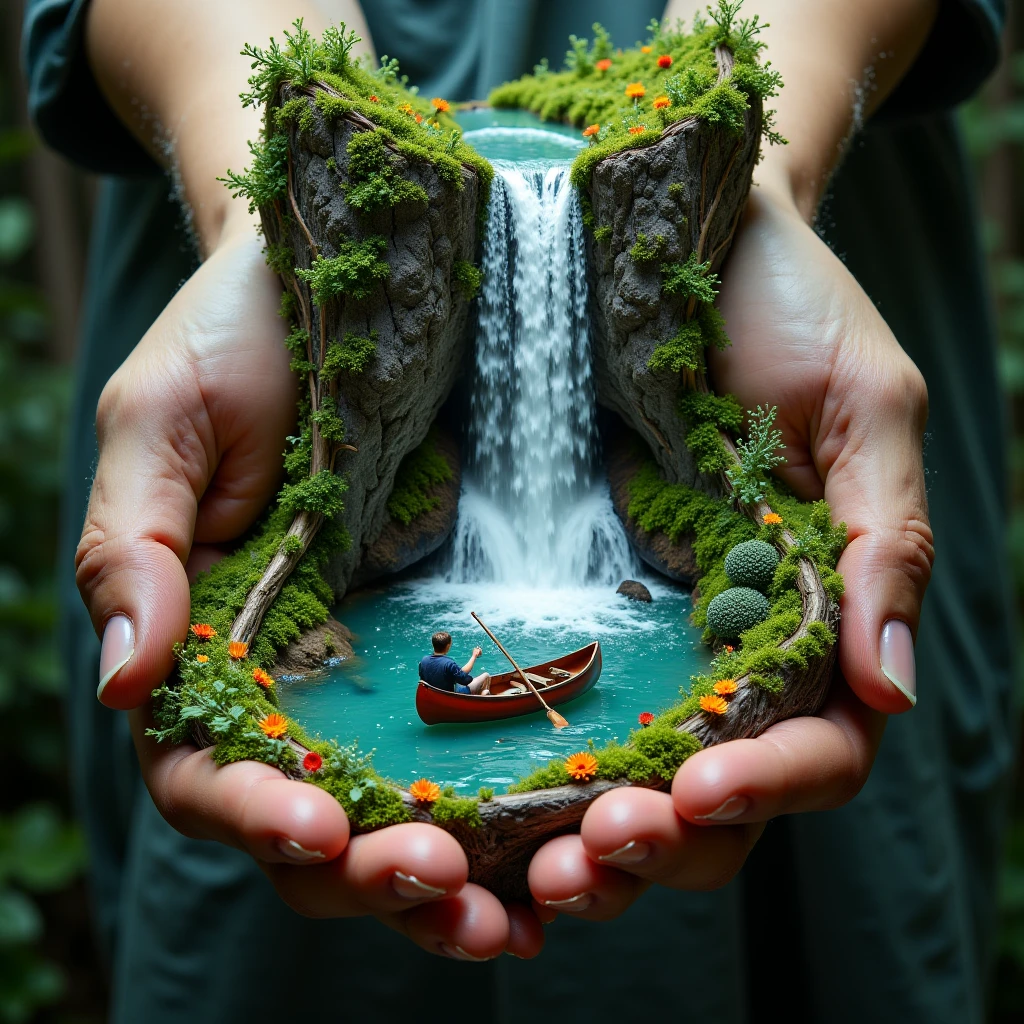 create a 16k resolution, highly detailed and realistic image showing a pair of human hands gently holding a miniaturized lake. On the lake surface, there is a canoe with a fisherman, casting his line leisurely. Above the hands, there is a cliff, and from this majestic height, a roaring waterfall cascades down, seemingly feeding into the lake held within the palms. The entire scene should give off a surreal, magical vibe, creating an illusion that a piece of a beautiful, serene landscape is cradled in human hands