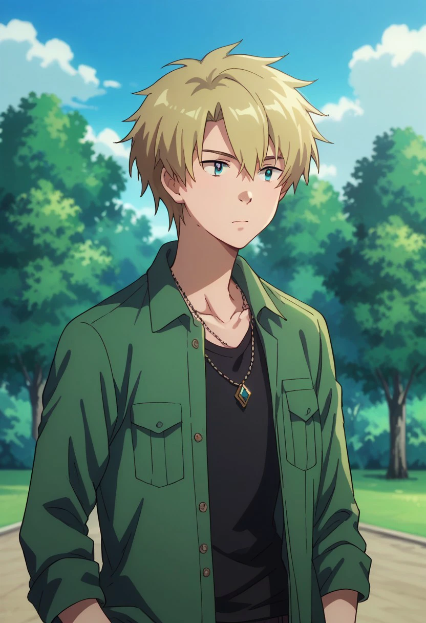 score_9, score_8_up, score_7_up, source_anime, highly detailed, 
yamatri, 1boy, outdoors, tree, male focus, jewelry, necklace, day, sky, shirt,blonde hair,
jacket, open clothes, cloud, green jacket, open jacket, standing, pocket, blue sky, upper body, black shirt,